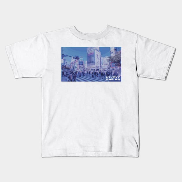 Japanese city pop art series 2 - Shibuya intersection crossing Tokyo Japan in - retro aesthetic - Old retro tv glitch style Kids T-Shirt by FOGSJ